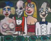 Quatre personnages grotesques, attablés, face à nous.