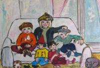 Cinq enfants et un chat, rapidement brossés : peinture à l'essence sur support de récupération.