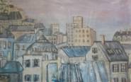 Des toits, une coupole, quelques immeubles, suggérés comme en croquis, dans des tons bleutés.