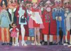 Un portrait de famille où des personnages caricaturaux posent pour la photo de baptême.