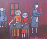 Une salle d'auberge, traité d'une manière expressionniste, couleurs sombres et cernes noirs.