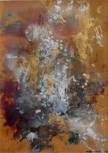 Argent, or, bleu, blanc et noir sur Kraft. Acrylique, encre, peinture métallisée. Monotype.