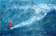 Une énorme vague, un petit funboarder, une voile rose...