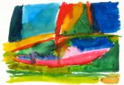 Des couleurs violentes, des formes abstraites,évoquant une voile et une coque.