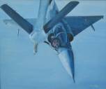 Le nez d'un Mirage qui se fait ravitailler en vol par un avion-biberon. Tons de bleu, facture très léchée, rendu photo, très lisse.