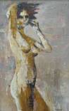 Modèle nue, bras relevés .  Peinture au couteau sur bois.