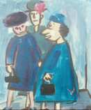 3 commères papotent... Tons de bleu et de noir. Peinture à l'essence, facture expressionniste satirique.