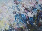 Un groupe de personnes avec enfants, avançant contre le vent et la pluie. Peinture à l'huile sur Isorel, au couteau.