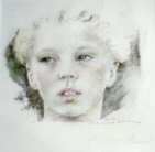 Le portrait, d'après photo, d'un jeune garçon blond. Crayons de couleur et pierre noire, sur papier Venise.