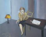 Une femme assise (Françoise Sagan ?), songeuse, une lampe par terre dans une pièce lugubre, une cigarette, une page blanche, des tons de brun, de jaune et de gris-bleuté.