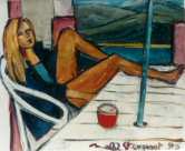 La mer, la montagne, un parasol, une jeune fille  dans un fauteuil de jardin, les jambes posées sur la table, sur une terrasse...Un genre de pochade à l'huile, sur le motif.