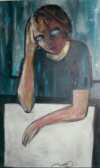 Une jeune femme, accablée devant sa page blanche. Facture expressionniste. Bleu, blanc, noir.