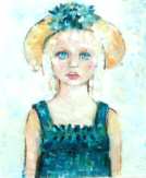 Une petite fille en bleu et chapeau de paille. Un style "Poulbot", sur un fond blanc.
