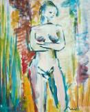 Pochade multicolore d'une femme nue, bras croisés, tête inclinée.