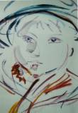 Esquisse rapide, multicolore, à l'huile et essence d'un portrait de femme avec chapeau et écharpe.