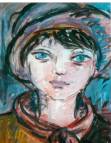 Esquisse colorée d'un portrait de femme au chapeau.