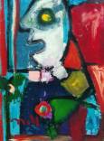 Un profil blanc, halluciné, des couleurs de vitrail,cernées de noir.