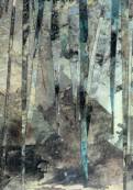 Des papiers bleutés, coupures de monotypes, collés à la verticale, comme de arbres étranges sur une allée grise.