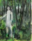 Dans un bois, une jeune fille en blanc. Encres de couleur sur papier Canson. Vert, brun, bleuté, blanc.