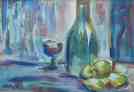 Un verre de vin, une bouteille, quelques pommes. Esquisse peinte à l'essence.