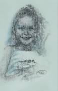 Un portrait de fillette, au crayon graphite et au lavis, sur un papier glacé creusé de fines lignes verticales.