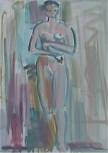 Un croquis rapide à la peinture à l'essence sur papier, d'une femme nue, debout.