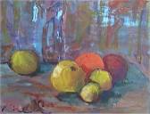 Une manière expressionniste pour une composition avec fruits, brossée à grands traits  et touches rapides de peinture à l'huile.