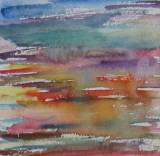 Des bandes horizontales à l'aquarelle sur papier 180 gr.Bleu, orangé, jaune.