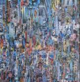 Une tonalité de bleu et de rouge pour un collage de centaines de petits bouts de papiers, images de magazines repeintes à l'huile.