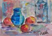 Un pot bleu, 3 fruits rouges, traités rapidement à l'acrylique et beaucoup d'eau, sur papier.