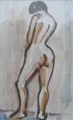 Une femme pose, nue, de dos, tête baissée. Croquis rapide à l'huile et à l'essence, sur papier.