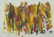 Des bandes verticales de peinture jaune, comme raclée au couteau, sur papier
