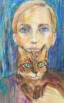 Une jeune fille, le visage un peu caché par la tête de son chat tigré. Pastel gras sur peinture à l'essence