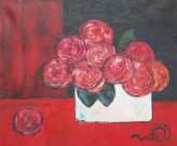 Rouge sur rouge dans un rectangle blanc : un bouquet de fleurs.