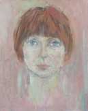  Le visage d'une femme rousse sur un fond rose. Peinture raclée sur la toile. 