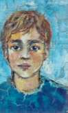 Le portrait, de face, d'un jeune garçon. La peinture est craquelée.