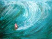 Une voile rose dans la grosse vague d'une mer émeraude. Peinture à l'huile et pastel gras, sur toile.
