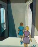 Deux petites filles, de dos, descendent une rue en escaliers. Tonalités rabattues de bleu, de kaki et de violine.