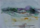 Des tons de mauve et de jaune pour une petite pochade à l'aquarelle d'un paysage légèrement vallonné. Papier 180 gr