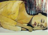 Une femme brune vêtue de jaune, dort, le visage reposant sur sa main. Facture lisse.