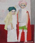 Deux enfants, déguisés face à l'objectif. Une facture simplifiée. Blanc, rouge, vert et gris.