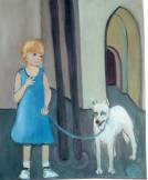 Une petite fille en bleu tient un chien blanc en laisse dans un décor imaginaire. Tons rabattus d'ocre rosé et de gris bleu. Facture Illustration pour conte enfantin.