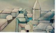 Des tons rabattus pastel pour un petit paysage stylisé d'un village sous la neige.