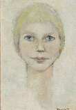 Portrait d'une jeune fille blonde, au regard bleu.