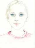 Portrait à l'aquarelle d'une petite fille blonde aux yeux bleus.
