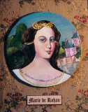 Encadré dans un médaillon ovale, le portrait d'une femme brune, en costume louis XIII. En arrière-plan un château à douves.