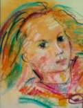 Croquis aux pastels secs, fait de traits rapides et de hachures multicolores.