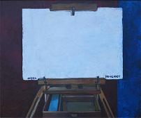 Sur un fond rouge et bleu, une toile blanche, posée sur un chevalet de campagne, dont le tiroir vide est ouvert.