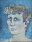 Portrait féminin, à l'huile sur bois. Tons de brun et de bleu-gris.
