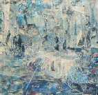 Paysage abstrait, fait de papiers collés, dans des tons de bleu et de blanc, dans lequel on distingue des jeunes filles penchées sur l'eau
